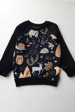 Juodas stilingas džemperis berniukui su miško gyvūnėliais - ežiukais, pelėdom, kiškiais, stirnom, medžiais